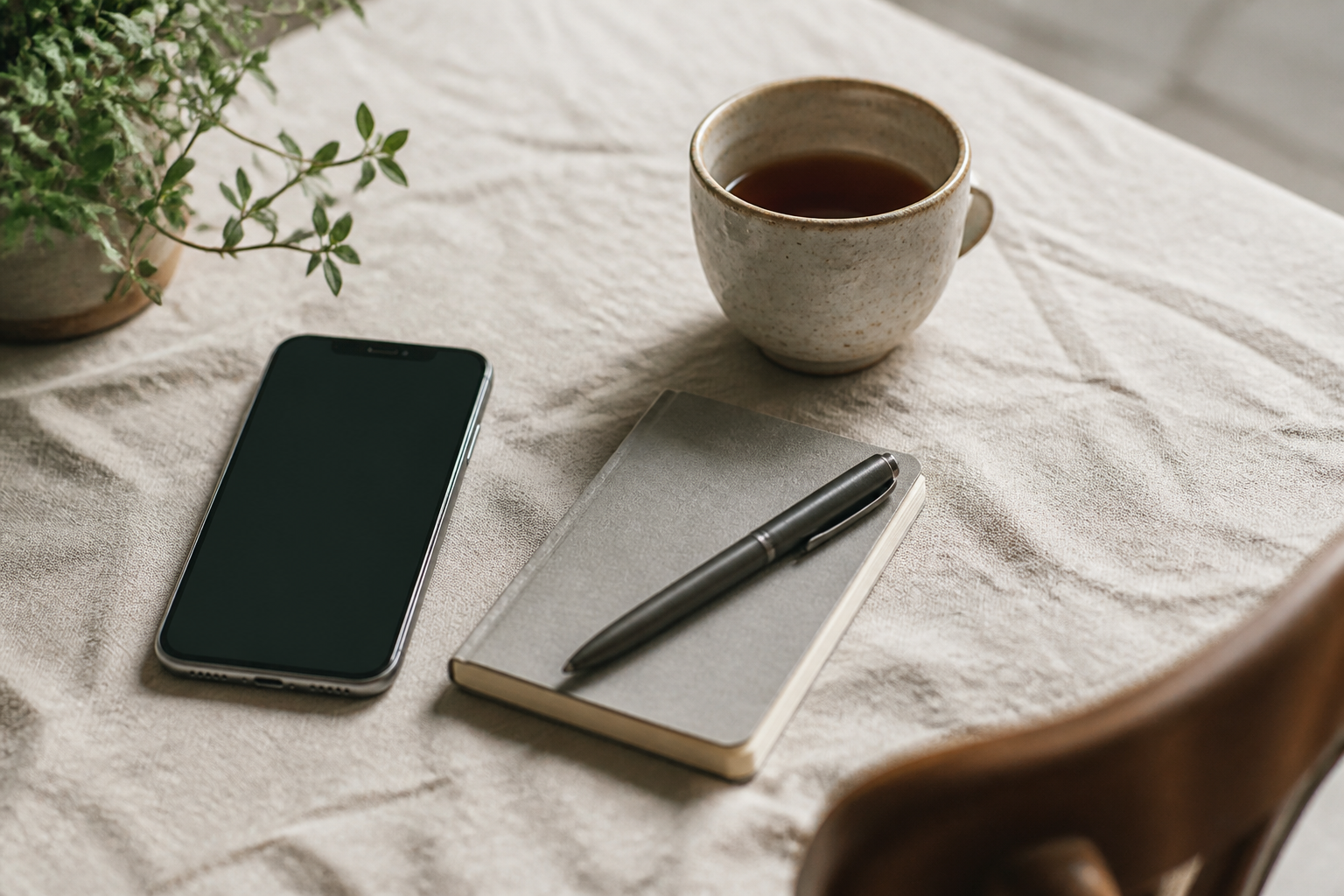 カフェテーブルの上のスマートフォンとノート
