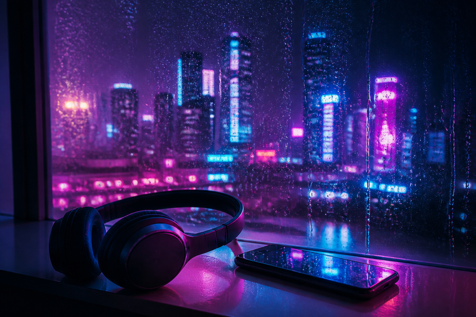 夜の窓辺のヘッドホンとスマートフォン